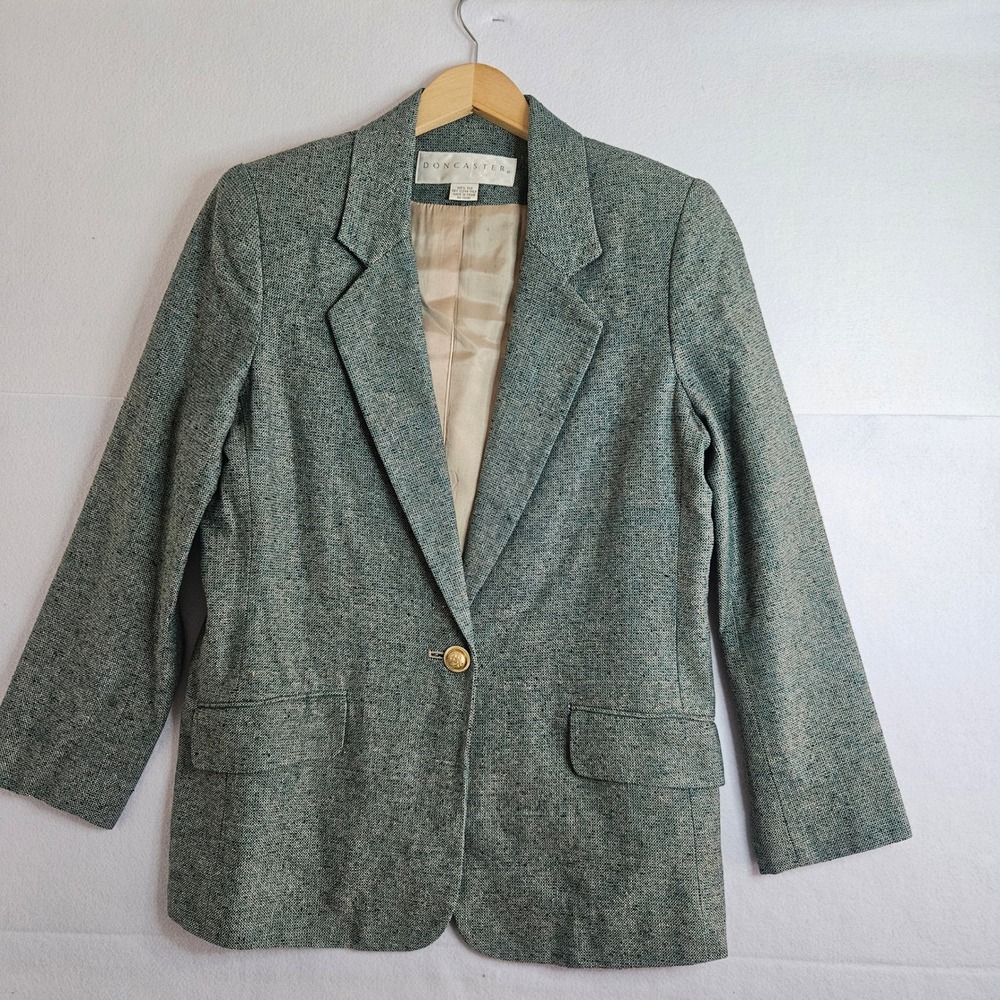 Vtg Doncaster 100% Silk Blazer Teal Textured 1 Button Jacket Womens 6P‎ Petite